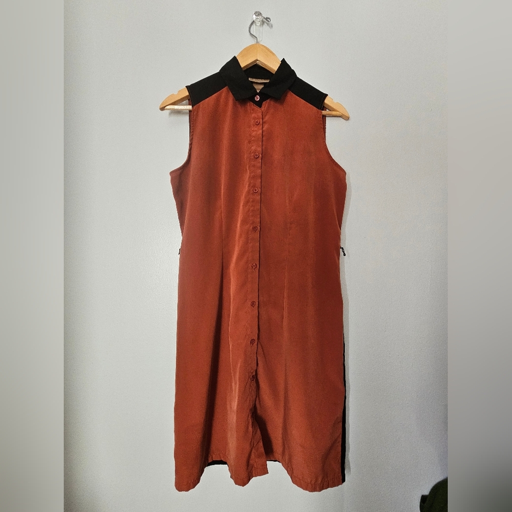 Sleeveless orange & black button down dress (xs/s)